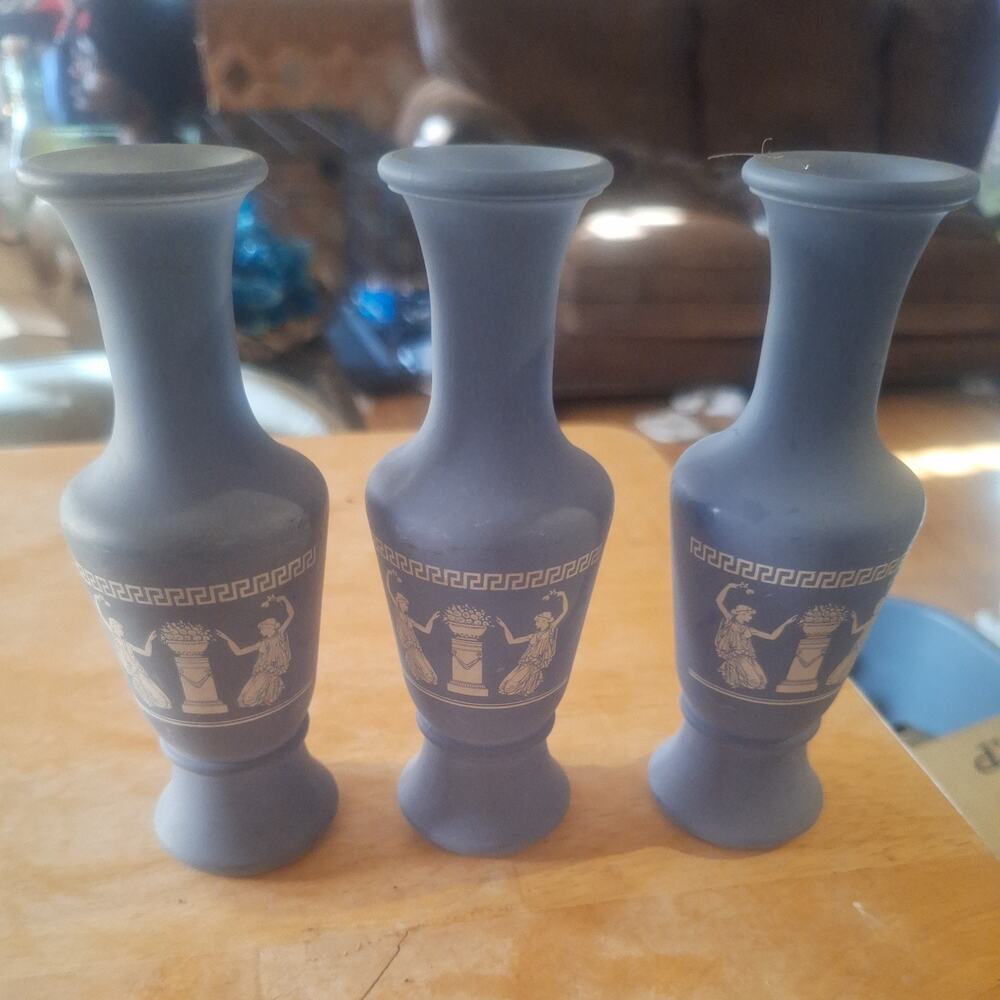 Three Vintage Style Greek Motif Blue Gray Avonshire Painted Glass Vases Nice